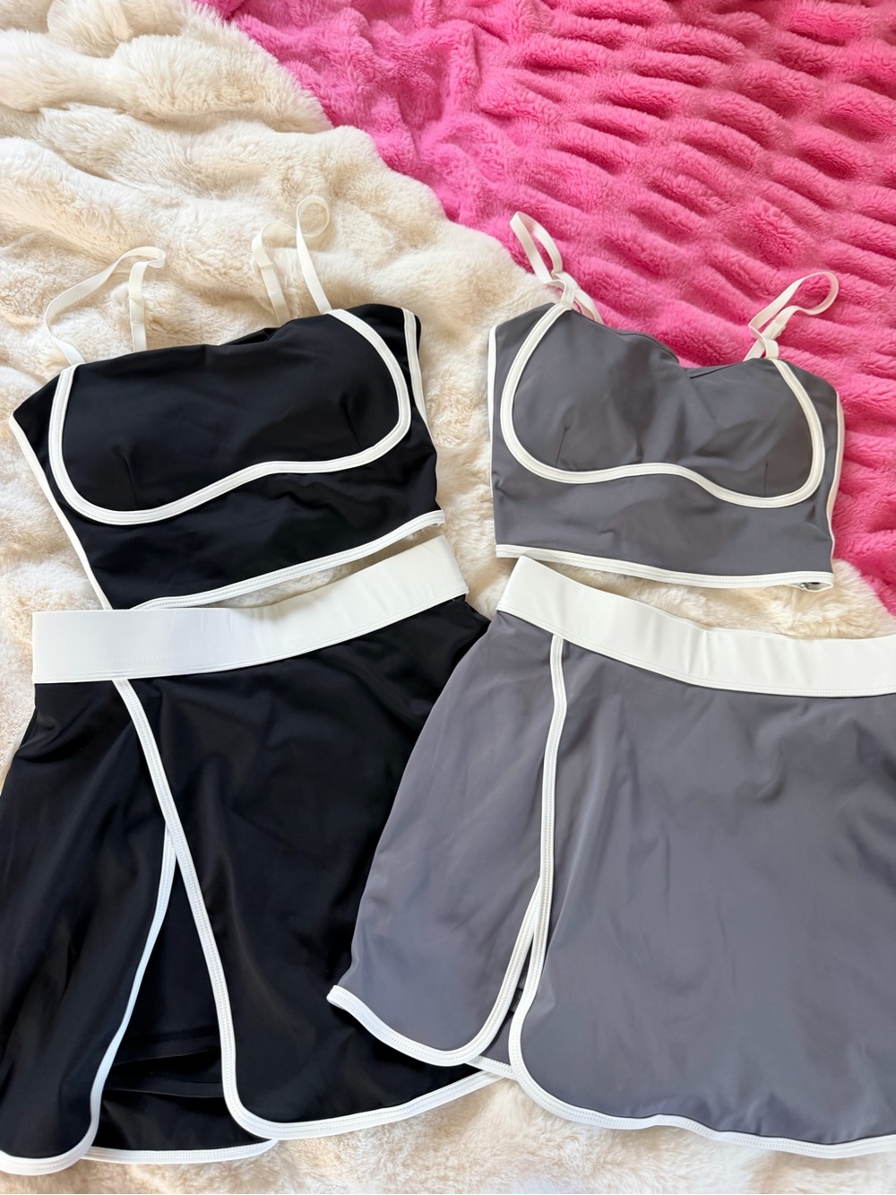 NWOT Women’s Contrast-Trim Bralette & Skirt Set in Black and Gray